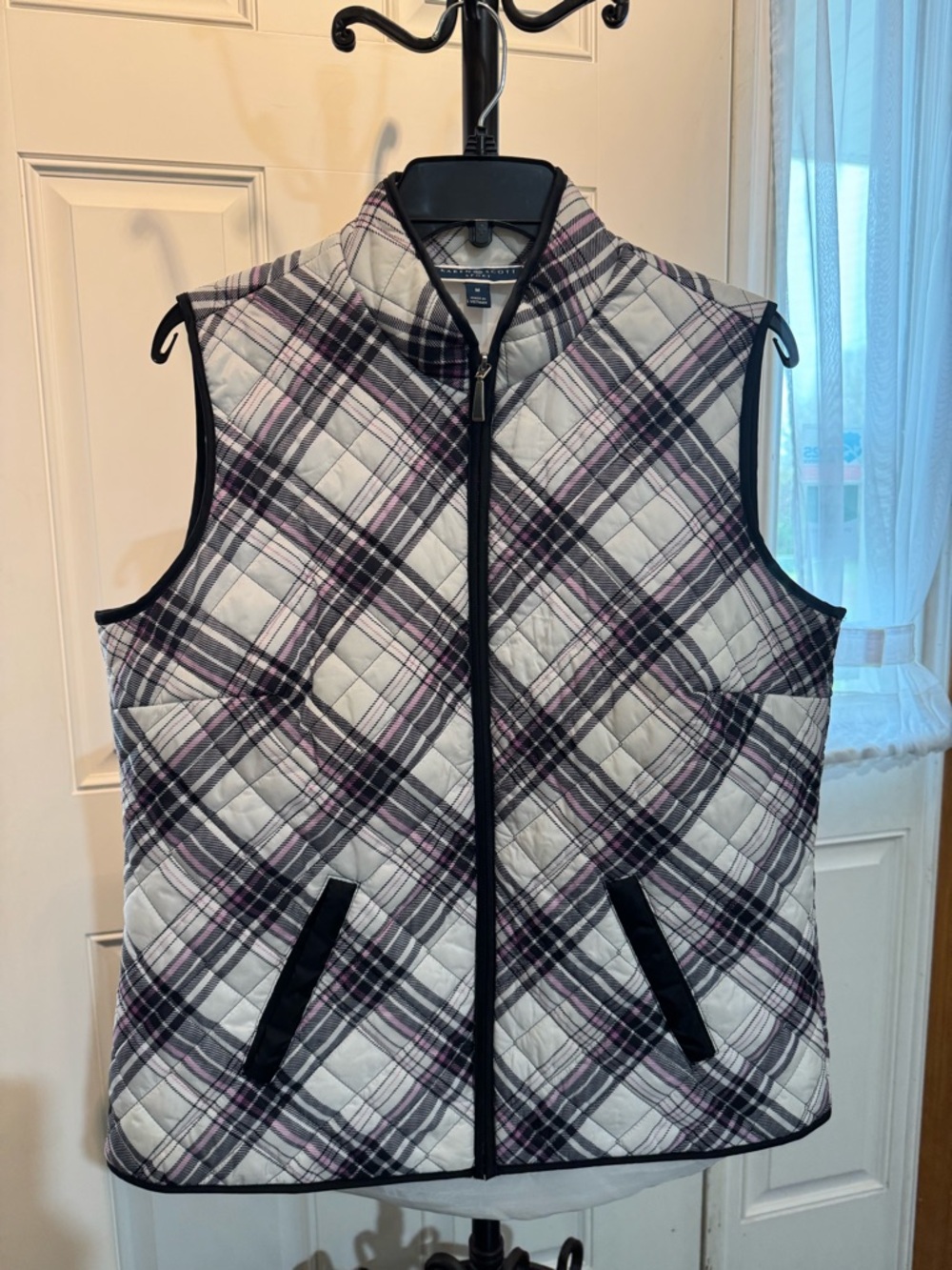 Karen Scott Quilted Plaid Sleeveless Vest in White and Purple